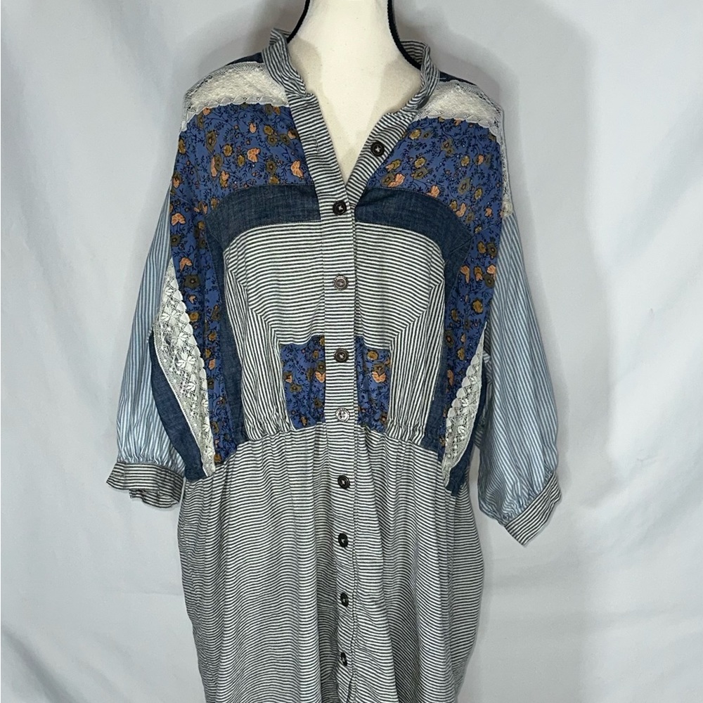 Free People New Romantics Mixed Media Boho Tunic Dress Blue Floral Lace Size Lg - Picture 5 of 12